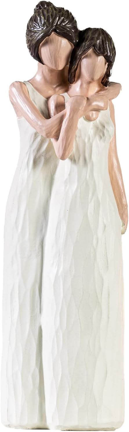 Mother and Daughter Hugging Figurine – White Resin Decor