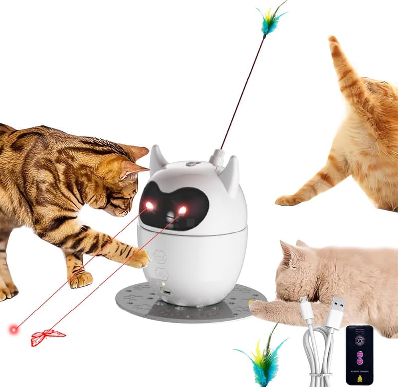 Interactive Dual-Mode Cat Laser Toy with Feather Teaser