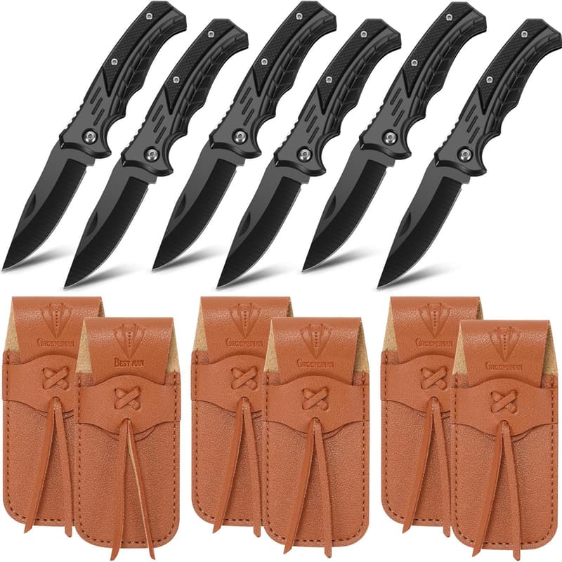 Groomsman Pocket Knife Set with Leather Sheaths - Personalized Gift