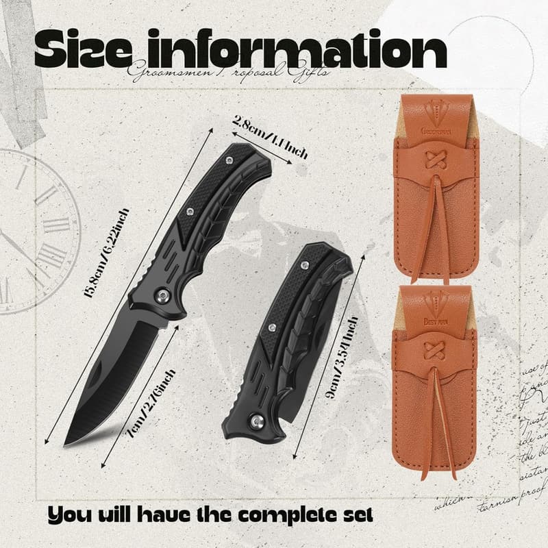 Groomsman Pocket Knife Set with Leather Sheaths - Personalized Gift