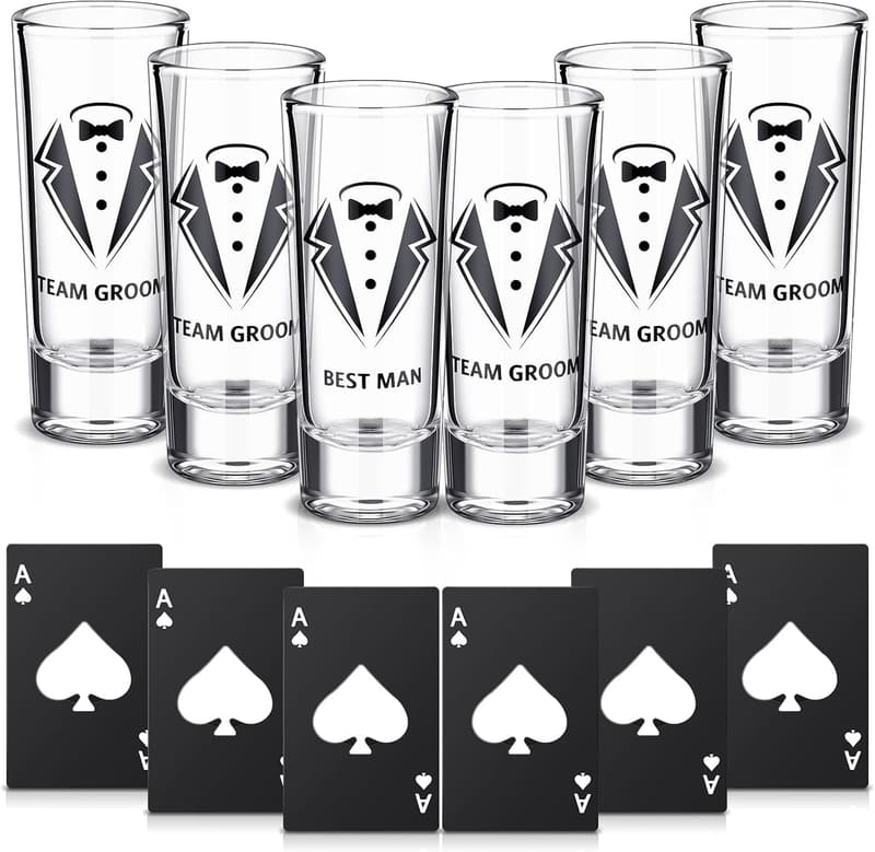 Groomsmen Proposal Set: Tuxedo Shot Glasses & Bottle Openers