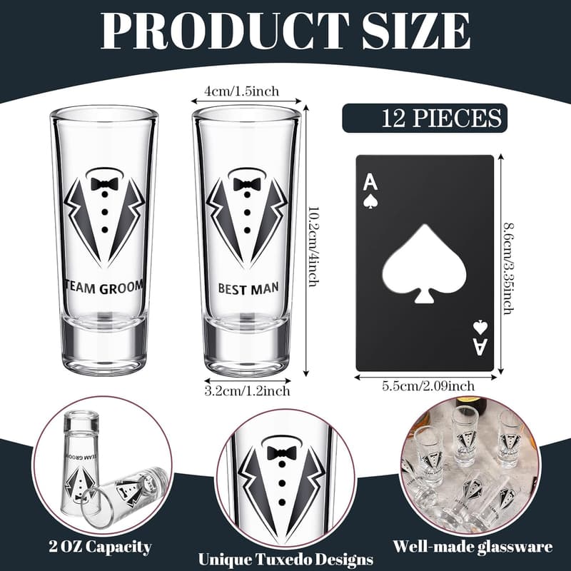 Groomsmen Proposal Set: Tuxedo Shot Glasses & Bottle Openers