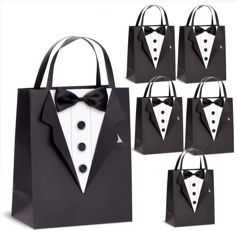 Tuxedo Design Gift Bags with Satin Bow Tie - 6 Pack for Weddings