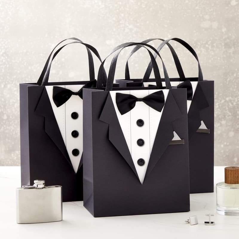 Tuxedo Design Gift Bags with Satin Bow Tie - 6 Pack for Weddings