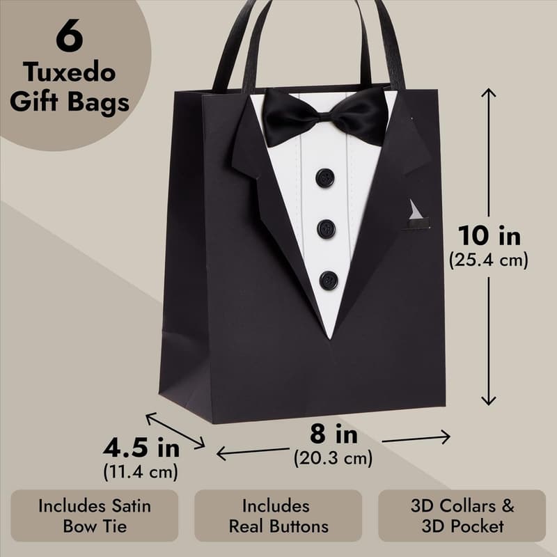 Tuxedo Design Gift Bags with Satin Bow Tie - 6 Pack for Weddings