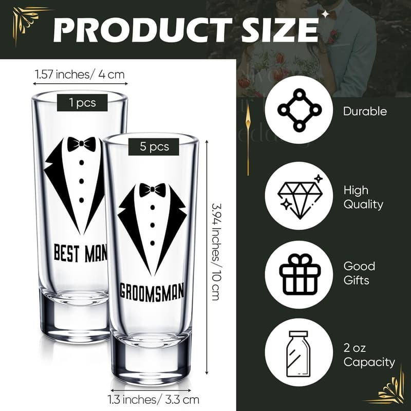 Groomsmen Shot Glass Set – 6 Pcs Wedding Favors, 2 oz