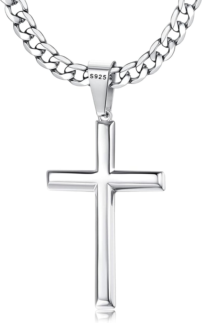 925 Sterling Silver Cross Necklace with Durable Cuban Link Chain