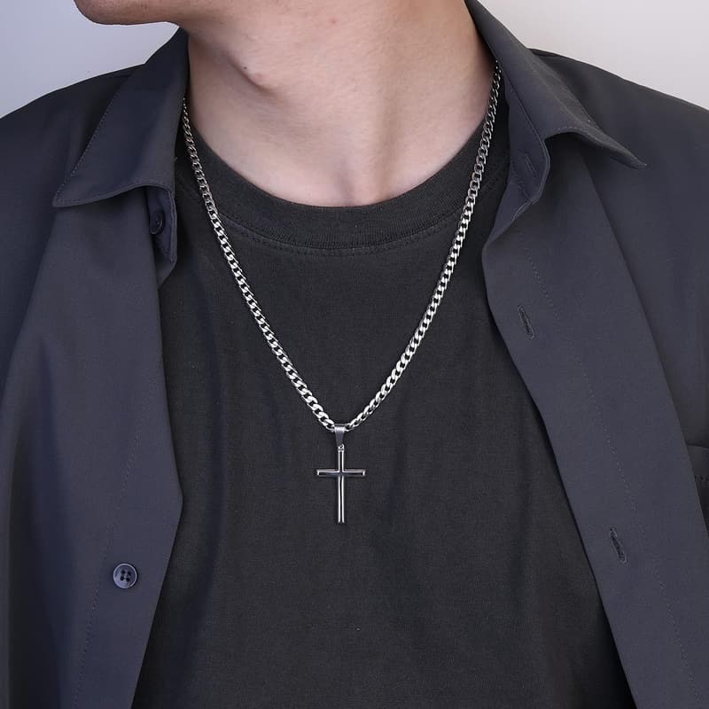 925 Sterling Silver Cross Necklace with Durable Cuban Link Chain