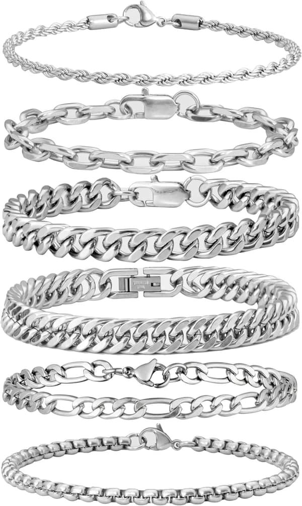 Cuban Link & Rope Stainless Steel Bracelets Set for Men & Women