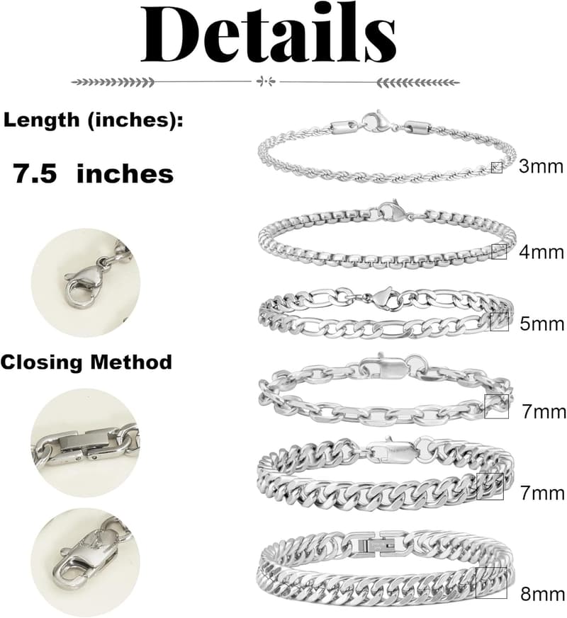 Cuban Link & Rope Stainless Steel Bracelets Set for Men & Women