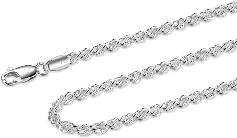 925 Sterling Silver Rope Chain Necklace for Men & Women, 16-30