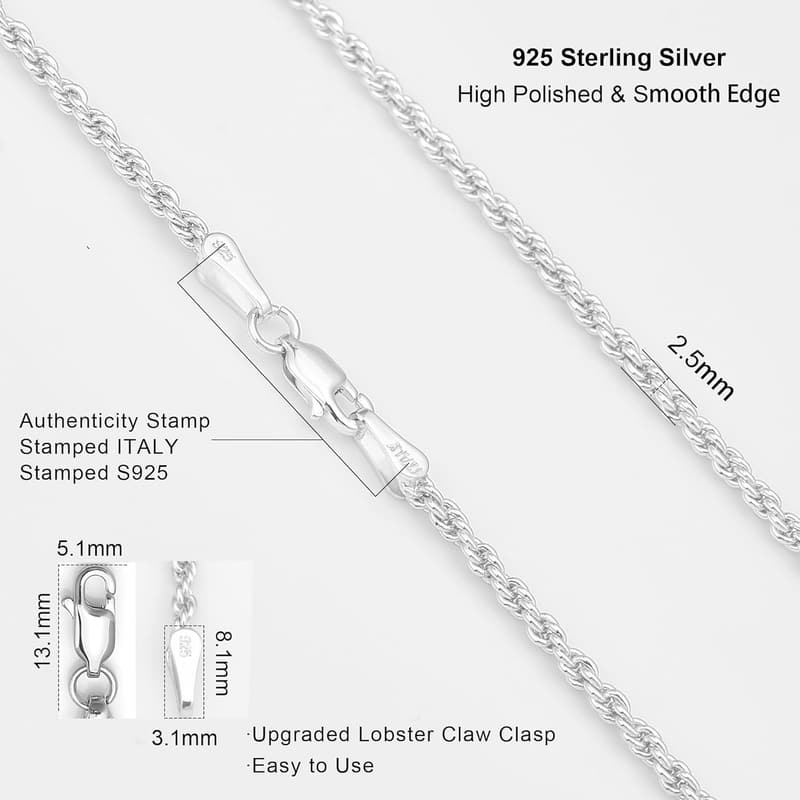 925 Sterling Silver Rope Chain Necklace for Men & Women, 16-30
