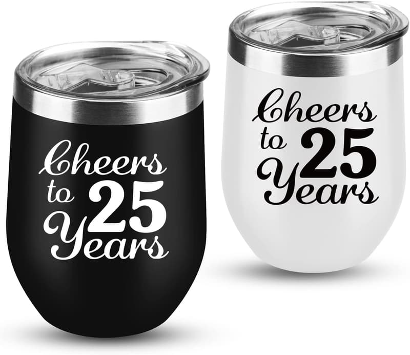 25th Anniversary Silver Wine Tumblers for Couples - 2 Pack