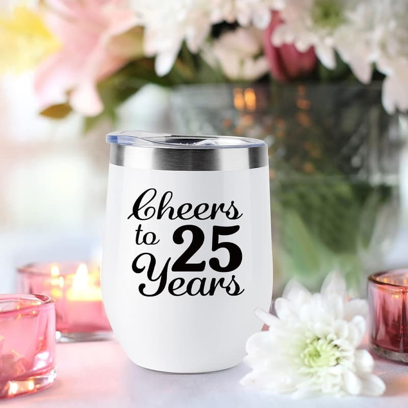 25th Anniversary Silver Wine Tumblers for Couples - 2 Pack