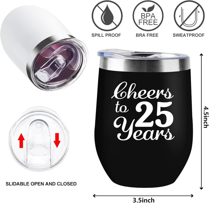 25th Anniversary Silver Wine Tumblers for Couples - 2 Pack