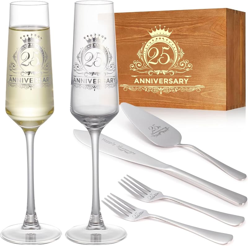 25th Anniversary Champagne Flutes & Cake Cutting Set for Couples