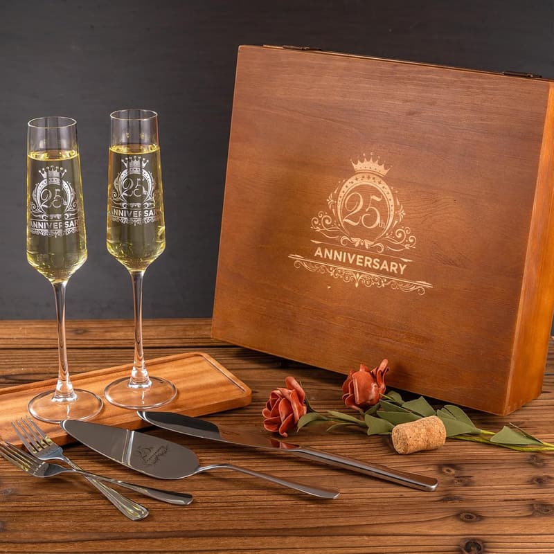 25th Anniversary Champagne Flutes & Cake Cutting Set for Couples