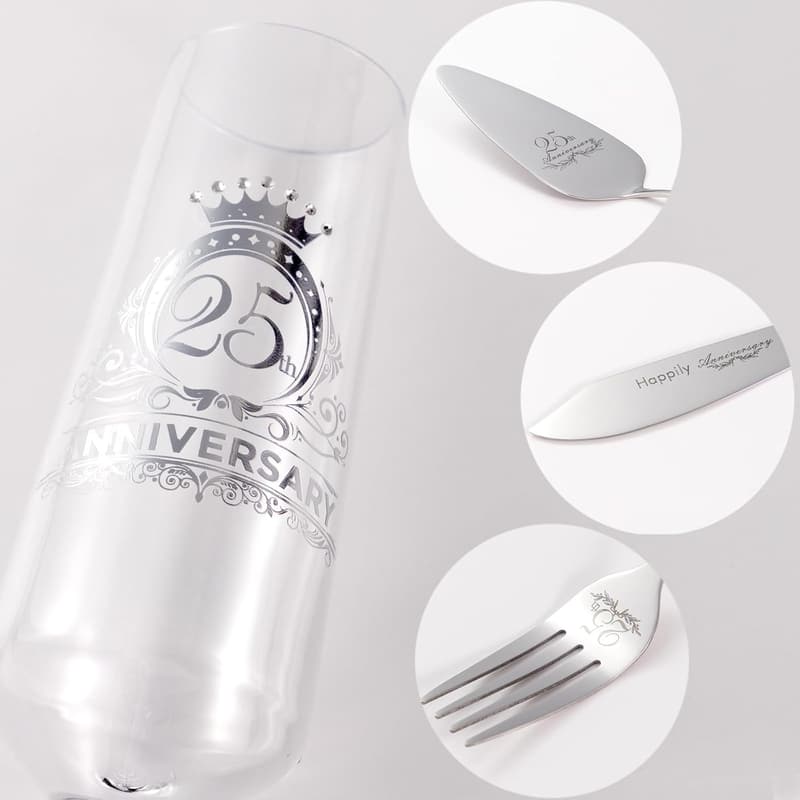 25th Anniversary Champagne Flutes & Cake Cutting Set for Couples