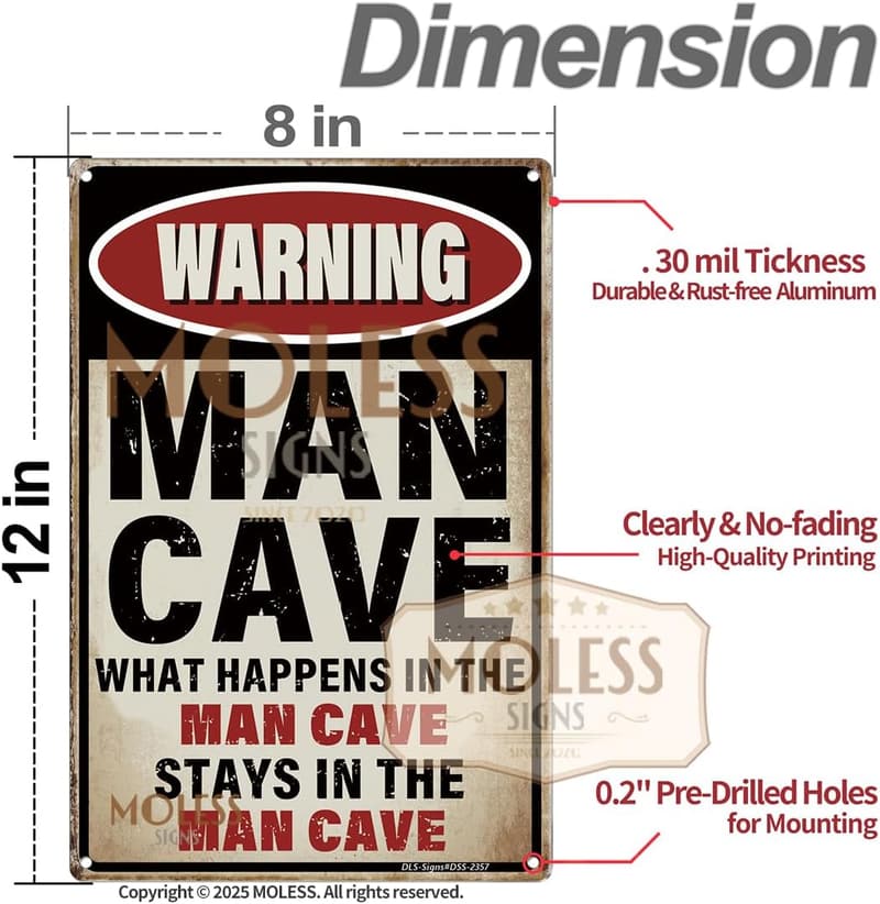 Funny Man Cave Sign - Vintage Metal Wall Decor for Men, 12x8