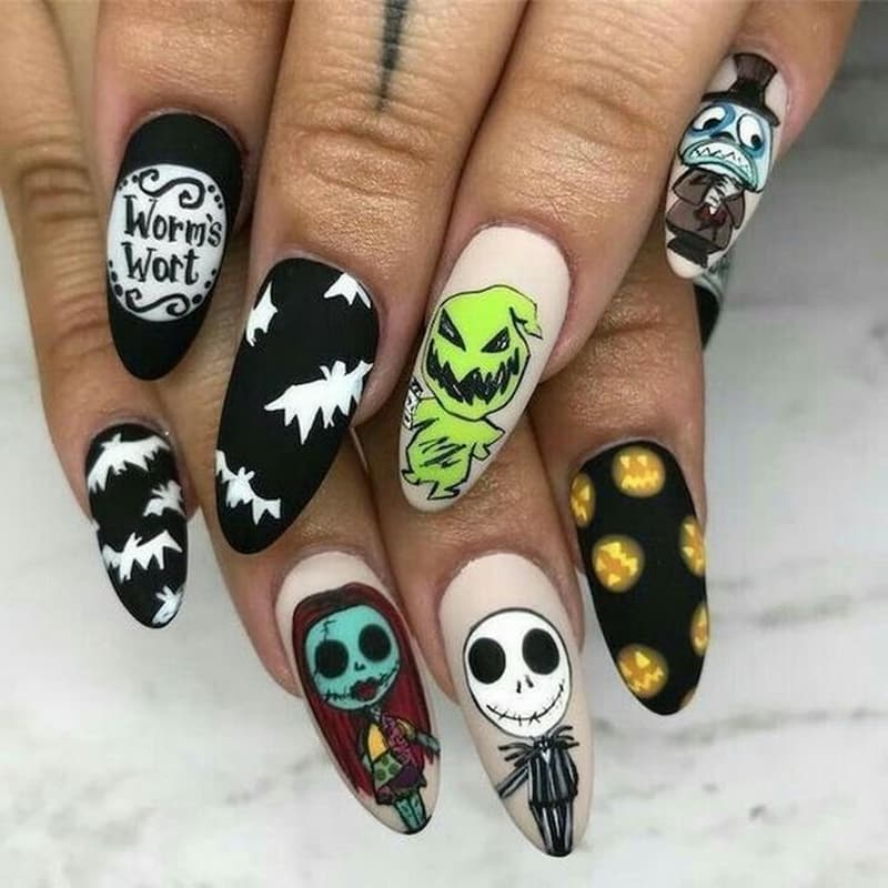 Halloween Almond Press-On Nails - Matte Scary Skull & Pumpkin Design