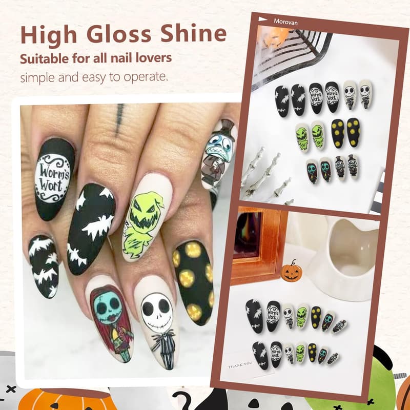 Halloween Almond Press-On Nails - Matte Scary Skull & Pumpkin Design
