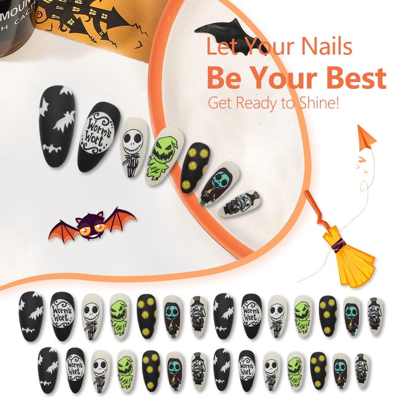 Halloween Almond Press-On Nails - Matte Scary Skull & Pumpkin Design