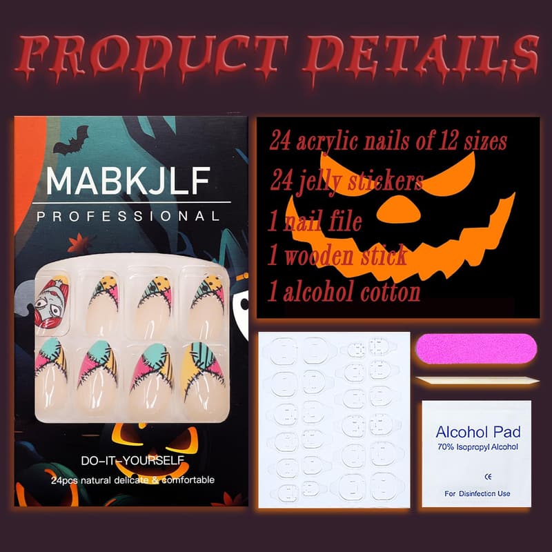 Halloween Stiletto French Tip Press-On Nails - 24 Pcs Glossy
