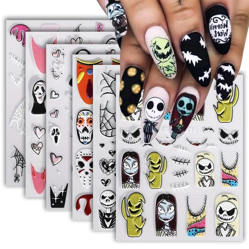 Halloween Nail Art Stickers - 6 Pcs Scary 5D Designs for Women