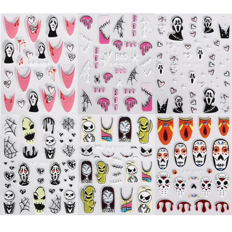 Halloween Nail Art Stickers - 6 Pcs Scary 5D Designs for Women