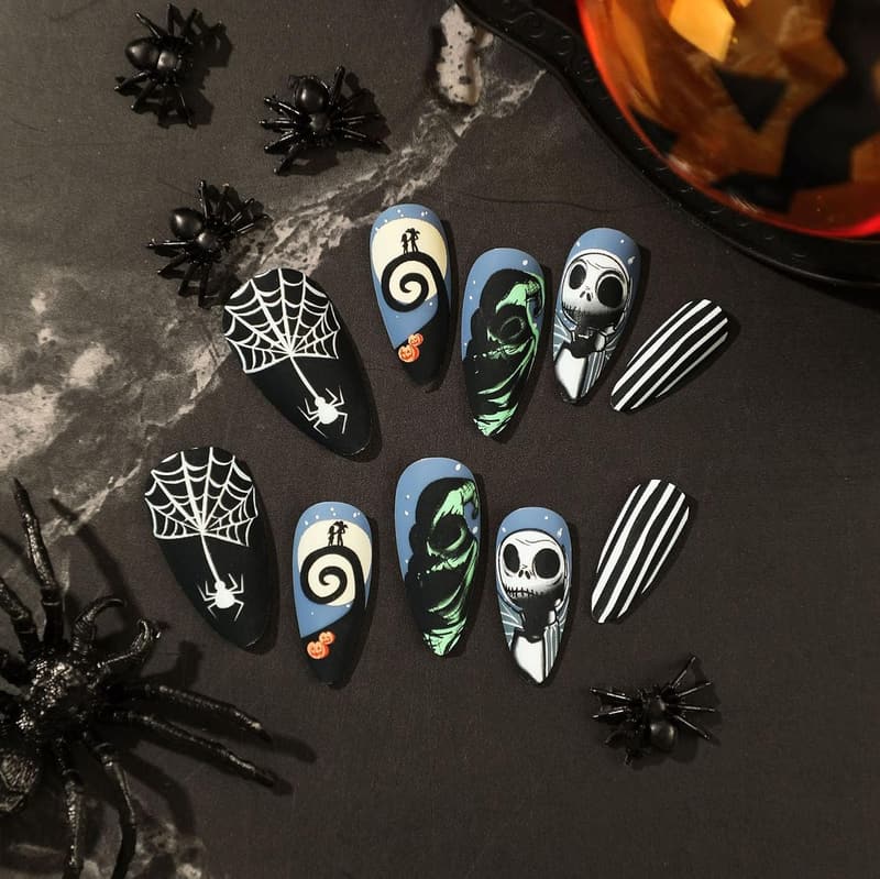 Halloween Spider Web Press-On Nails - 24 Pcs Almond Style