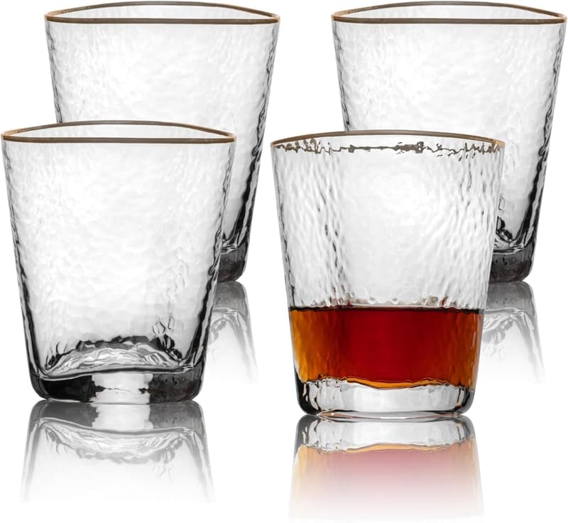 Hammered Triangular Whiskey Glasses Set of 4 - 10 oz