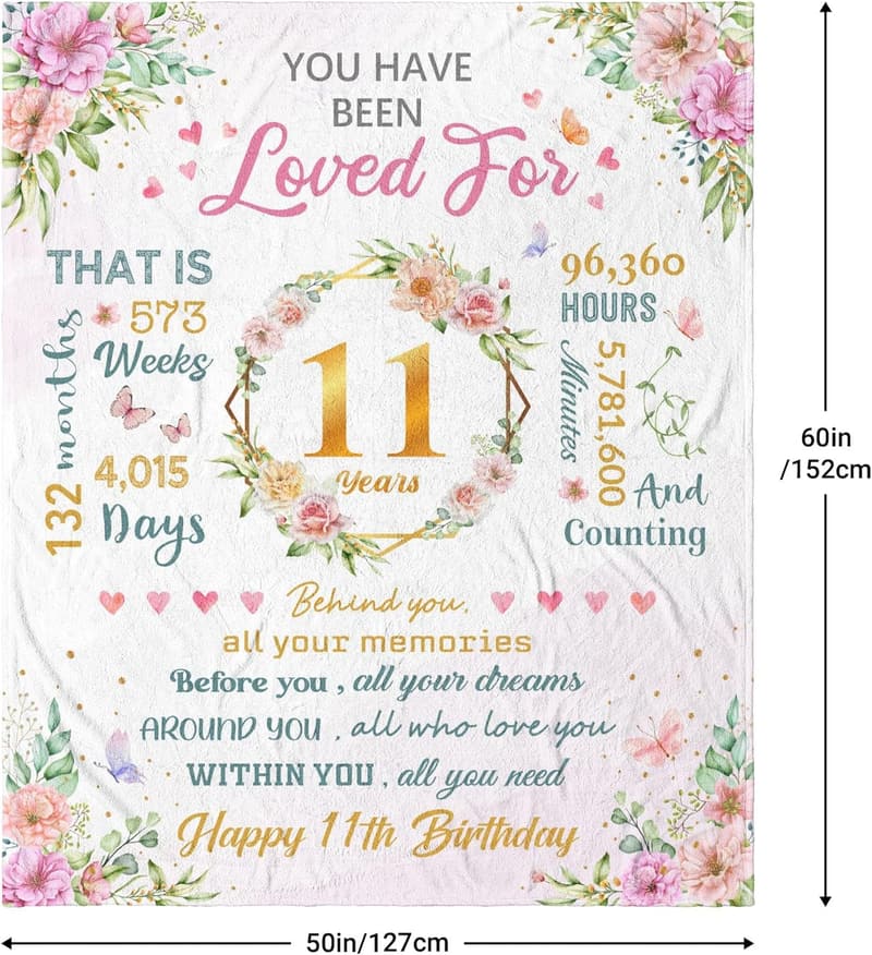 11th Birthday Throw Blanket Gift for Girls, 60
