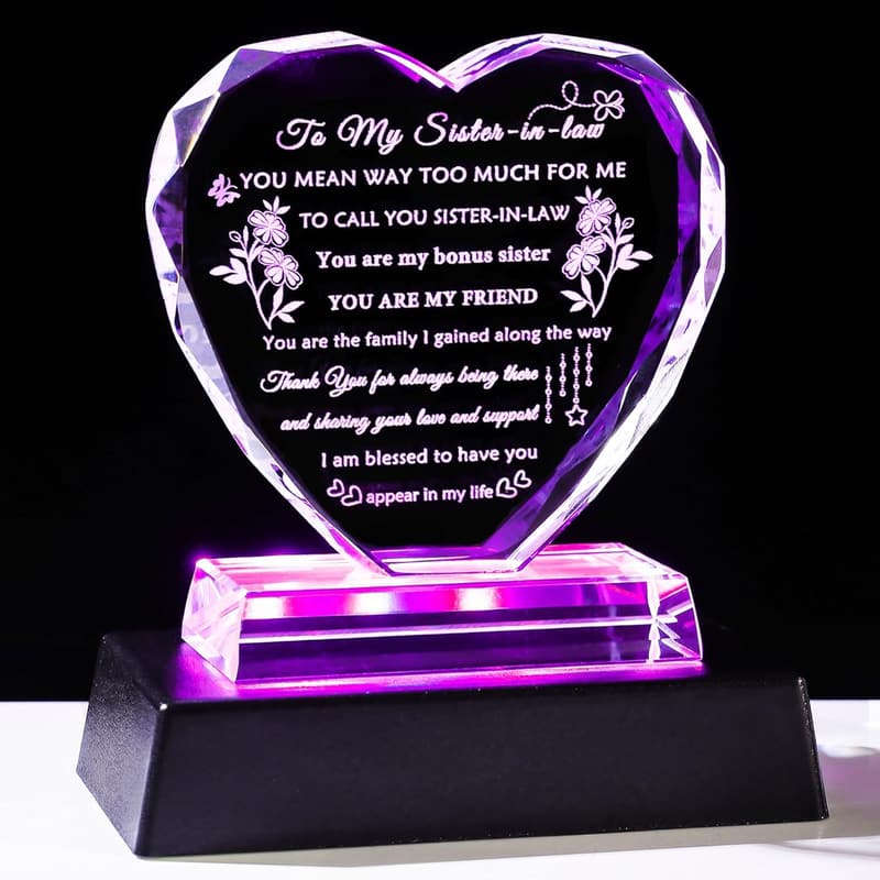 Sister-in-Law Heart Crystal Keepsake with Colorful LED Base