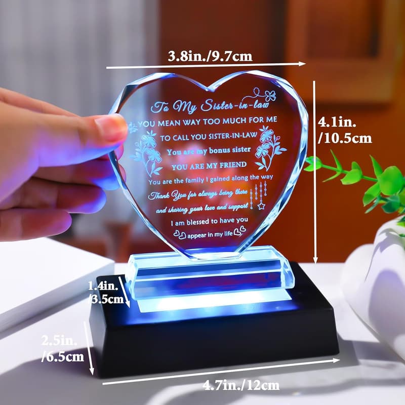 Sister-in-Law Heart Crystal Keepsake with Colorful LED Base