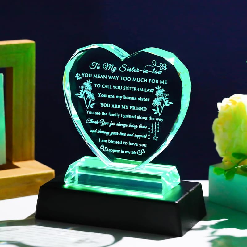 Sister-in-Law Heart Crystal Keepsake with Colorful LED Base