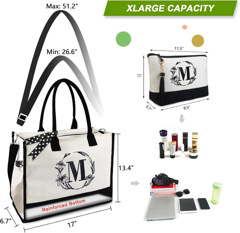 Personalized Tote Bag with Cosmetic Pouch for Women