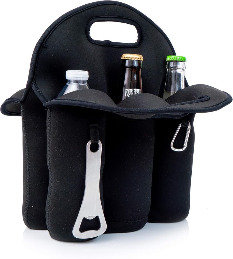 Insulated Neoprene Beer Carrier - 6 Pack Tote with Opener