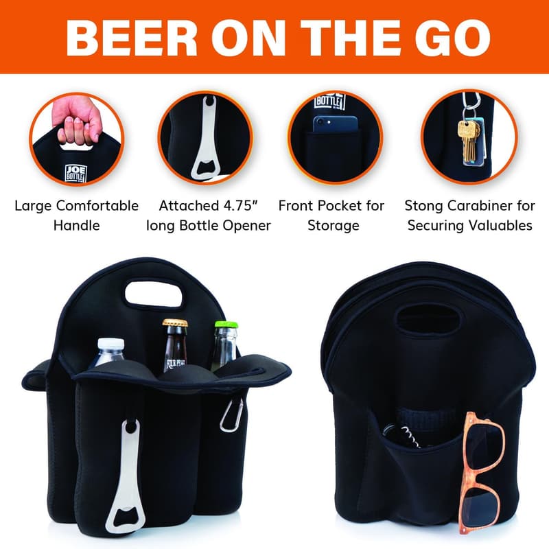 Insulated Neoprene Beer Carrier - 6 Pack Tote with Opener