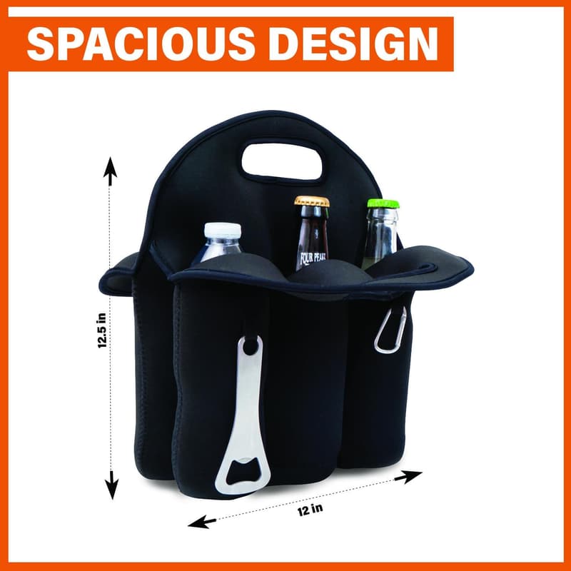 Insulated Neoprene Beer Carrier - 6 Pack Tote with Opener