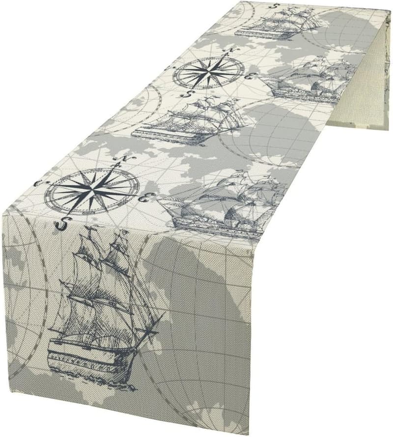 Nautical Table Runner with Pirate Ship & Compass Design - 13x36 Inch