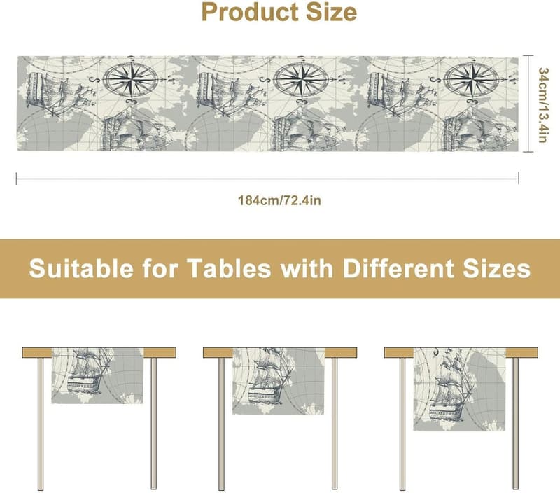 Nautical Table Runner with Pirate Ship & Compass Design - 13x36 Inch