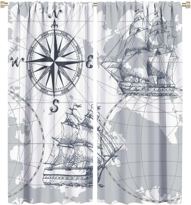 Nautical Map Curtains with Anchor Sketch, 42x45in