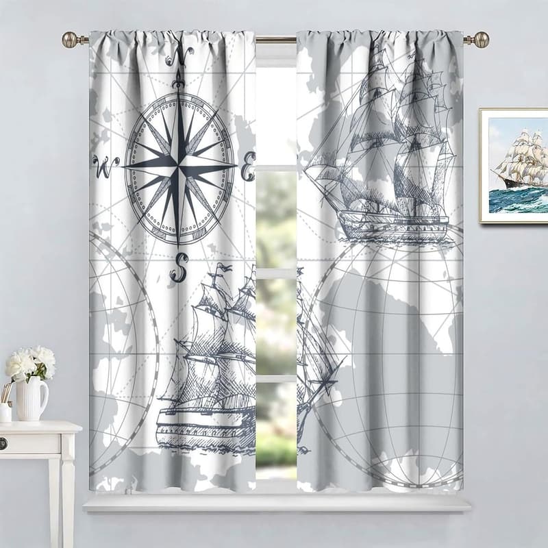Nautical Map Curtains with Anchor Sketch, 42x45in
