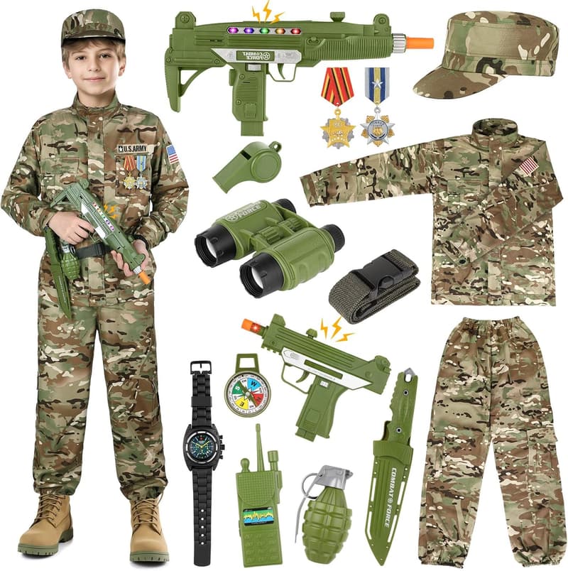 Boys' Army Soldier Costume with Toy Accessories for Halloween