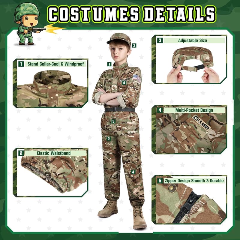 Boys' Army Soldier Costume with Toy Accessories for Halloween