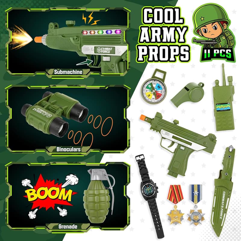 Boys' Army Soldier Costume with Toy Accessories for Halloween