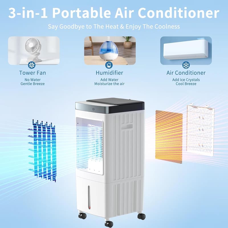 Portable Air Conditioner with Remote, 3 Speeds, 2.6 Gal Tank