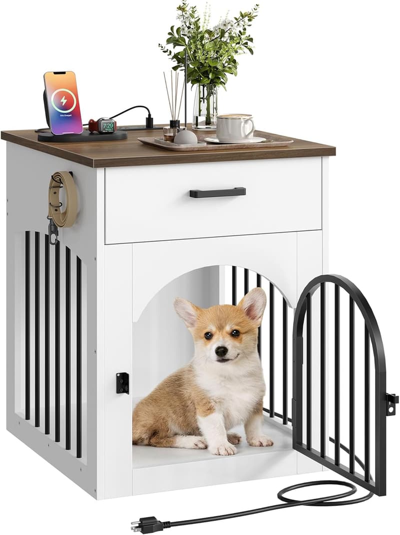 Wooden Dog Crate End Table with Charging Station for Small Breeds