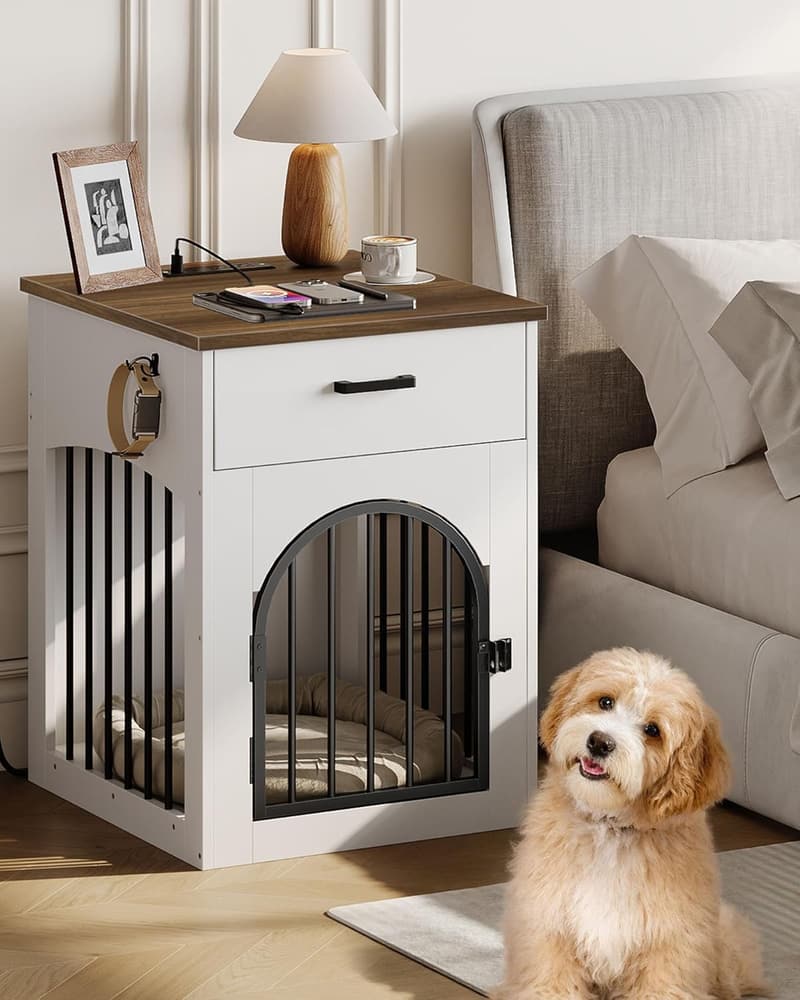 Wooden Dog Crate End Table with Charging Station for Small Breeds