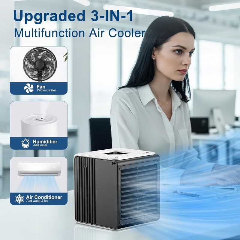 USB-Powered Portable Mini Fan & 3-in-1 Air Conditioner, Black